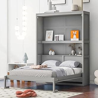 Full Size Murphy Bed Wall Beds with Storage Shelves,Hide Away Bed Frame Easily Folds into Wood Cabinet,W/Mattress Holder,for Small Space,Guest Room,Apartment,Gray
