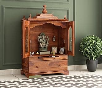G Fine Furniture 2.9 Feet Wooden Temple for Home | Pooja Mandir, Puja Ghar Mandap with 1 Drawer Storage, 2 Glass Door Cabinet & Dhoop Batti Slider Stand, Solid Wood Sheesham, Teak