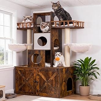 Heybly Cat Tree with Litter Box Enclosure for Indoor Big Cat, Cat Tower for Large Cats 20lbs Heavy Duty, Modern Cat Condo Furniture with Scratching Posts, Rustic Brown HCT110SR