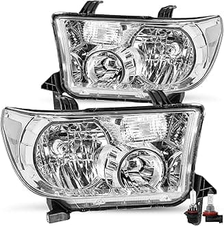JSBOYAT Headlight Assembly Fit for 2007 2008 2009 2010 2011 2012 2013 Toyota Tundra / 2008-2017 Sequoia Chrome Housing with Clear Reflector(Bulbs Included),w/o Leveling Adjuster