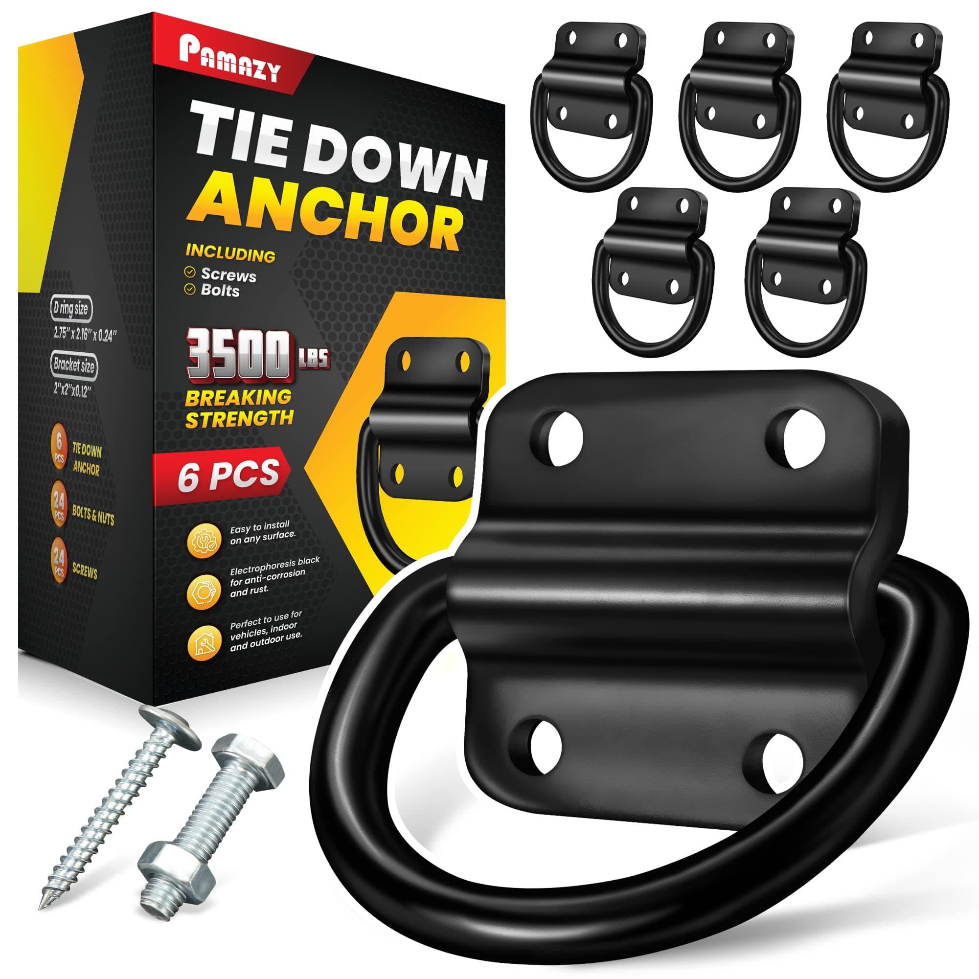6PCS Heavy Duty Steel D Rings Tie Down Anchors, Ultra Durable 3500 Pound Breaking Strength Surface Mount Hooks Securing Cargo for Trailer, Truck Bed, with Screws & Bolts