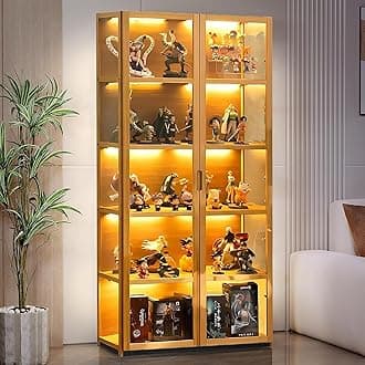 68" Display Cabinet with Acrylic Glass Doors, 5 Tier Bamboo Curio Cabinets & Display Case for Collectibles, Kids Bookcase for Home, Office, Playroom, Brown
