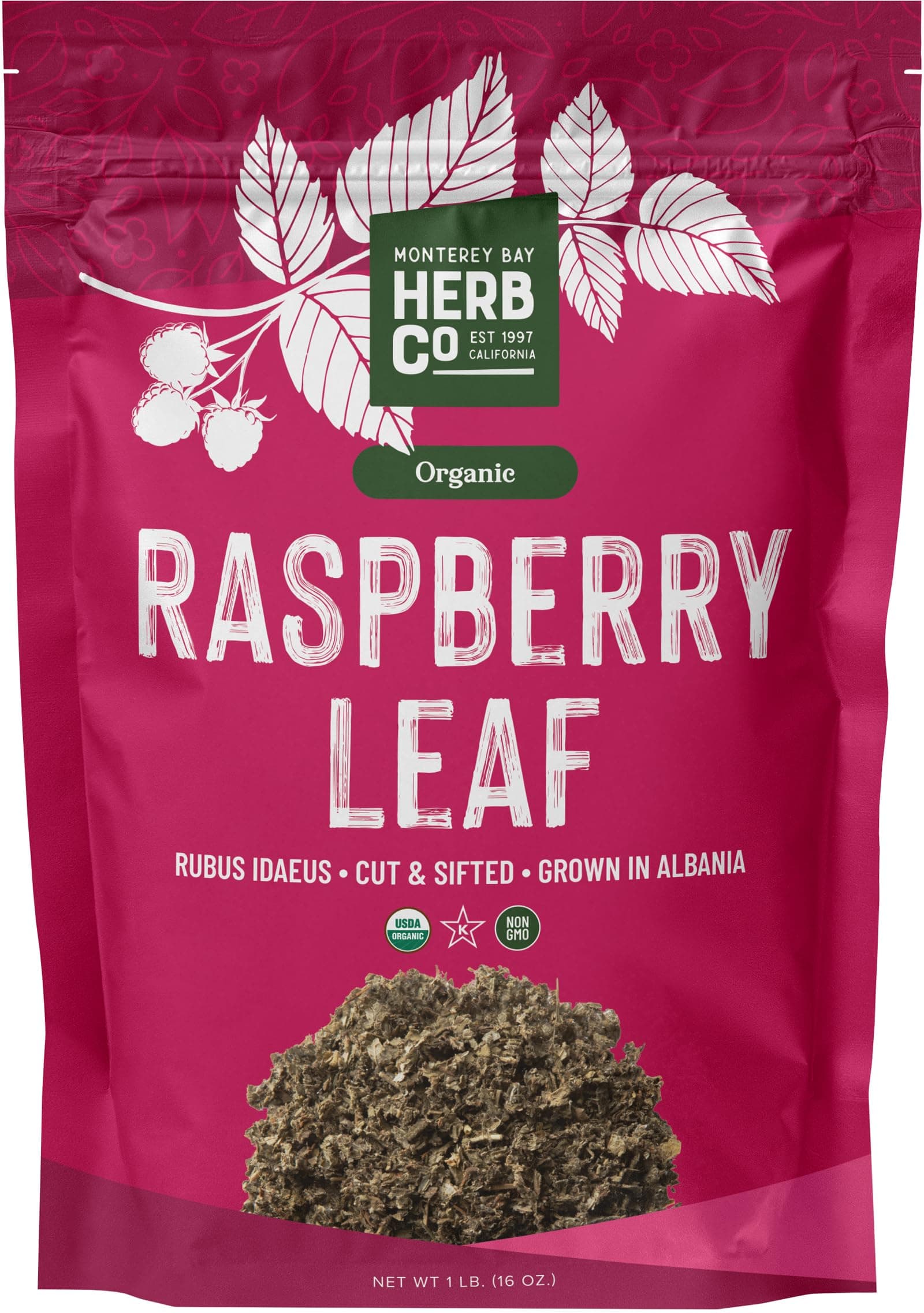 Certified Organic Raspberry Leaf Cut & Sifted, by Herb Co, 100% Natural, for Herbal Tea & Skincare, Kosher, 1/4 lb