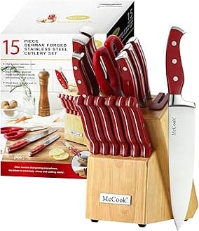 McCook® Stainless Steel Kitchen Knife Sets with Wooden Block, Kitchen Scissors and Built-in Sharpener, Red