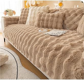 MERRYLIFE Thick Plush Faux Rabbit Fur Sofa Slipcovers 1-Piece Non-Slip Warm Soft Cozy Couch Covers Sofa Cushion Furniture Protector(Coffee, Sofa Cushion 70 * 180cm)