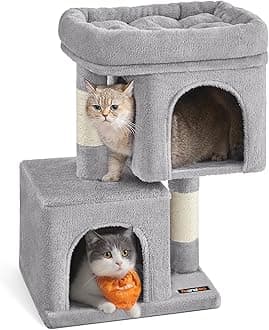 Cat Tree, 26.4-Inch Cat Tower, Plush Condo for Kittens up to 7 lb, Large Perch, 2 Caves, Scratching Post, Light Gray UPCT611W01
