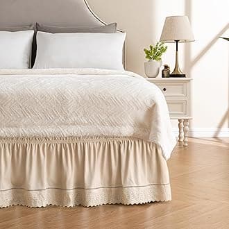 MIYE Wrap Around Ruffled Lace Bed Skirt, Elastic Dust Ruffle with Adjustable Belts, Easy to Put On, Bed Frame Cover, Machine Washable (Embroidered/Cream, Full/Twin-18 Drop)