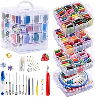 Jupean Embroidery Kit 150 Colors Embroidery Floss Embroidery Thread Punch Needle Tool, Cross Stitch Supplies with Storage Box, Floss Bobbins, Cross Stitch Hoop