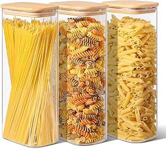 2.2 Qt Rectangle Glass Storage Containers with Lids, Glass Jars with Bamboo Lids, Clear Food Storage Jar, Tall Spaghetti Container, Pantry Storage Container for Pasta Flour Oats Nuts Rice