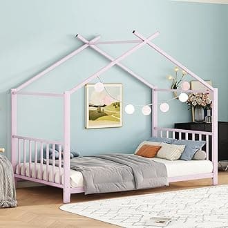 Twin Size Kids Montessori Floor Bed,Houe Bed Frame with High Headboard,Twin Floor Bed with Roof for Boys Girls,Floor Bed Metal Frame (Pink)
