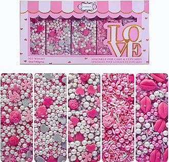 Confect Cake & Cupcake Sprinkles | Love Sprinkles Mix Pink Mini Lips & Roses, Silver Hearts & Vermcelli and White Pearls | Anniversary Sprinkles | Vegan, Gluten-Free, Nut-Free, Soy-Free, Dairy-Free , Handcrafted Sprinkle -Edible sprinkles -140 Gms
