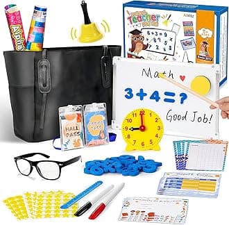 Alritz Pretend Play Teacher Set Classroom Learning Education Includes Reusable White Board Bell Clock and More, Be Teacher Student, for Boys Girls 5 6 7 8 9 10 11 12 Years Old