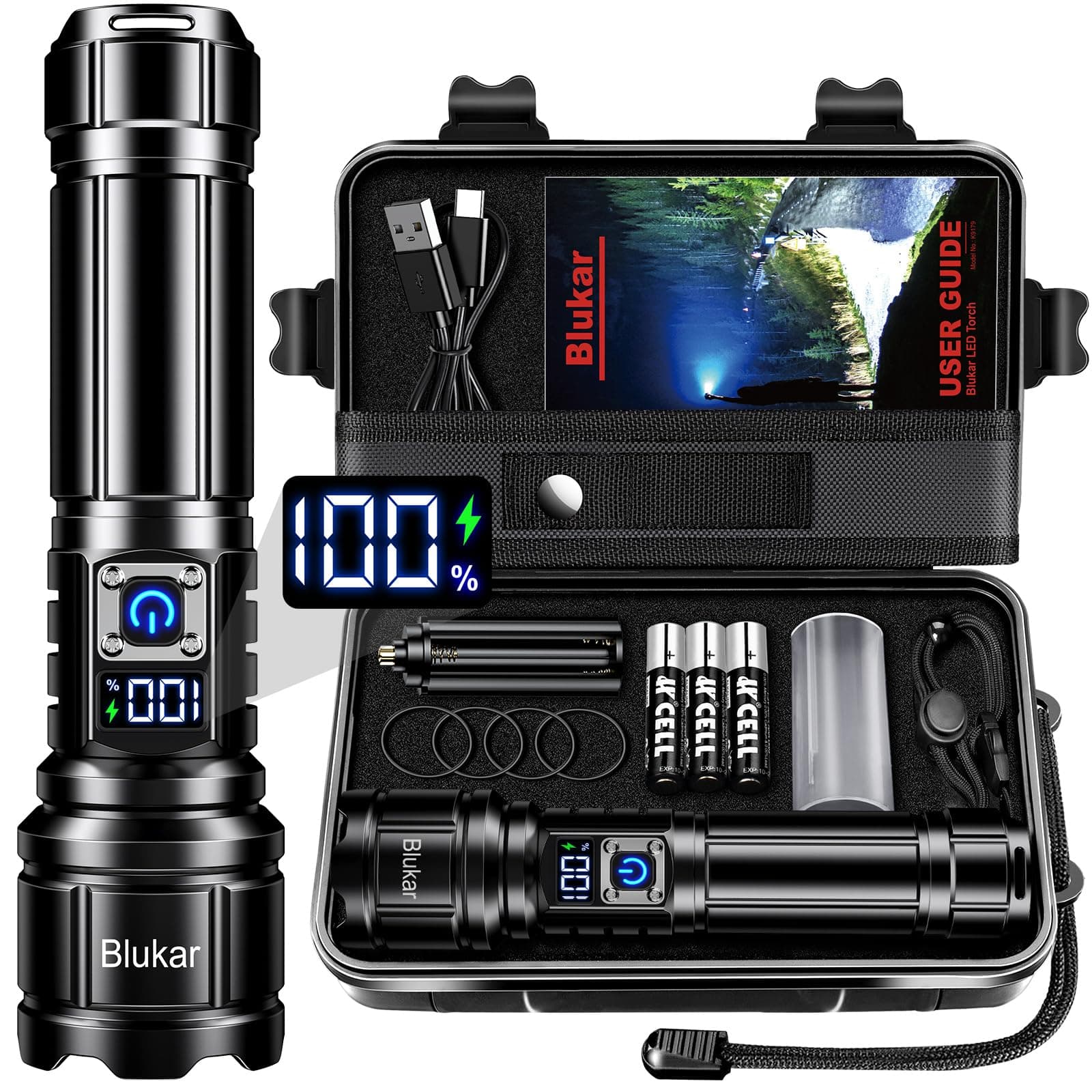 Blukar Torch Rechargeable, Torches LED Super Bright Flashlight, Adjustable Focus, 5 Modes, 5000 mAh Long Lasting, IP67 Waterproof, Smart Digital Display for Camping, Power Cuts, Emergency