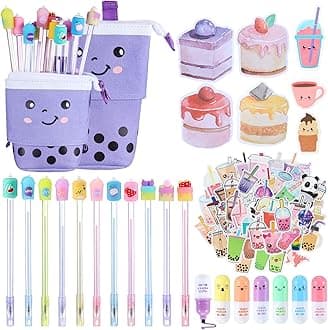 Sabary Kawaii Stationery Set - Telescopic Boba Pencil Pouch Case Bag, Gel Ink Pen Stick, Bubble Tea Sticker Pill Highlighter, Cute School Supplies for Christmas