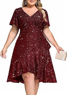 Ever-Pretty Plus Women's V Neck Short Sleeves A-line High Low Sequin Plus Size Formal Wedding Guest Dresses