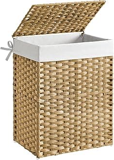 SONGMICS Laundry Basket, 90L Synthetic Rattan Storage Basket with Lid and Handles, Wicker, Foldable, Removable Liners, for Blankets, Clothes, Living Room, Bedroom, Laundry Room, Natural Colour LCB51NL