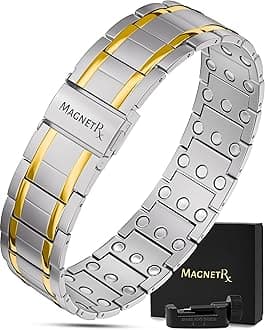 MagnetRX® 3X Strength Magnetic Bracelets for Men – Effective Magnetic Titanium Bracelet for Men – Premium Fold–over Clasp & Adjustable Length with Sizing Tool & Gift Box (Silver/Gold)