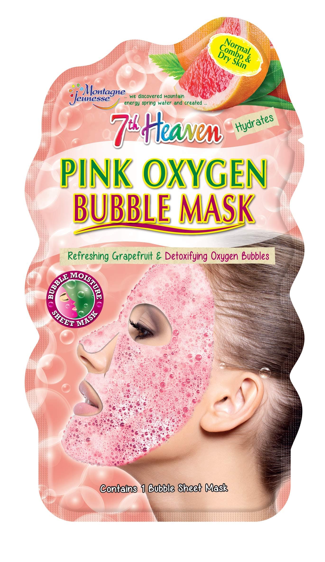 7th Heaven Pink Oxygen Bubble Sheet Mask with Refreshing Grapefruit and Detoxifying Oxygen Bubbles for Quick Cleansing Hydration - Ideal for Normal, Combination and Dry Skin