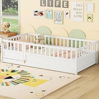 Twin Floor Bed with Slats and High Fence, Twin Size Montessori Floor Beds with Door, No Box Spring Needed, Easy Assemble Montessori Bed Frame(White Twin)