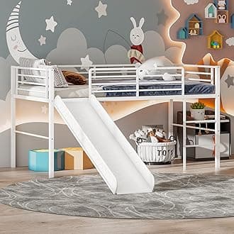 Giantex Twin Loft Bed with Slide, Metal Low Bunk Bed w/Safety Guardrails & Built-in Ladder, Toddler Bed Floor Frame for Boys & Girls, No Box Spring Needed (White)