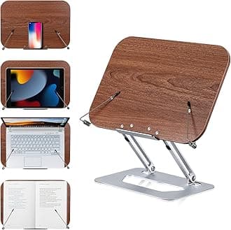 ShikhaAdjustable Book Stand Double Rod Support Wooden Book Holders for Reading Hands-Free Holder for Laptop Phone Tablet with Wooden Pad, 2 Spring Clips.