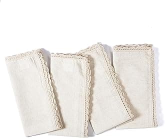 Ramanta Home Decorative Cloth Dinner Napkins Set of 4, 20x20 Inch Natural Lace Flax Cotton Napkins with Mitered Corners, Oversized Use, Parties, Weddings, Spring, Easter Cloth Napkins