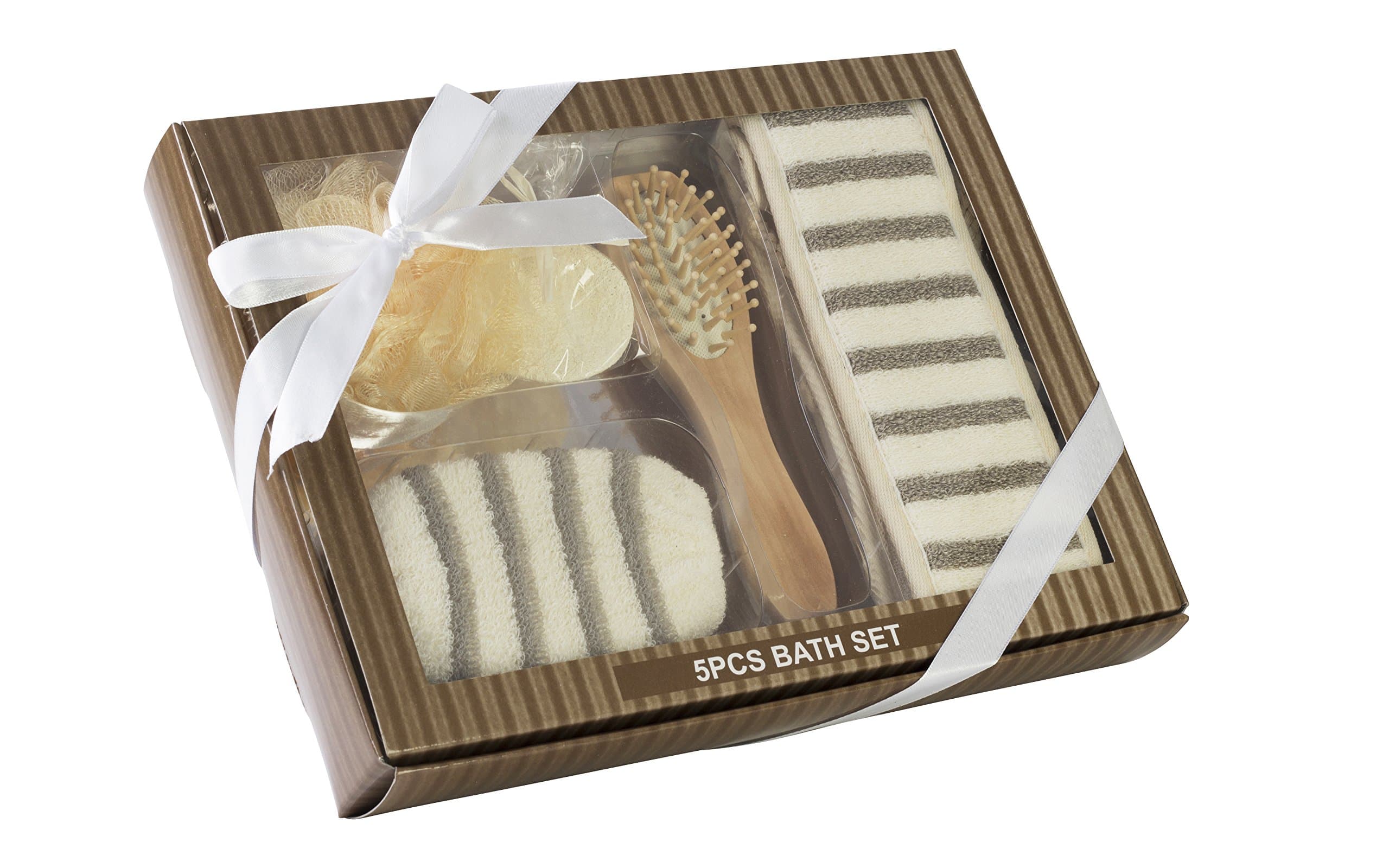 Bath Accessory Gift Set. 5-Piece set includes Sponge, Scrubber, Loofah, Brush and Sponge Ball, ideal for gifting