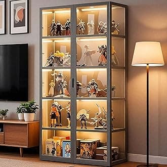 5-Tier Display Cabinet with Acrylic Glass Door, 65.5" High Display Case, Transparent Curio Cabinet&Bookcase for Collectibles, Toys, Books, for Playroom, Bedroom, Study Room (Grey Double Door)