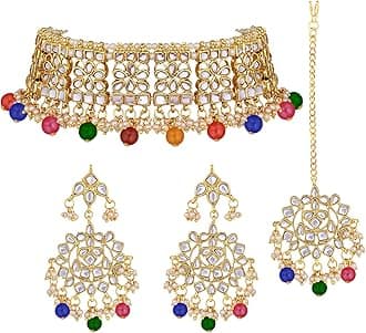 Aheli Elegant Indian Faux Kundan Studded Choker Necklace with Maang Tikka Set Ethnic Wedding Wear Bharatanatyam jewellery set Gift for Women