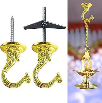 Indian Discovery® Antique Decorative Swag Ceiling Hooks for Hanging Plants, Metal Wall/Ceiling Brackets for Hanging Planters, Lanterns, Windchimes, Bird Feeders, Hang Pots (Royal Brass: Set of 2)