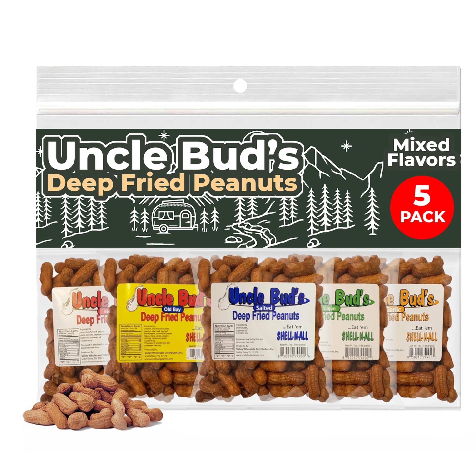 Uncle Bud's Deep Fried Peanuts In Shell (5 Pack), Peanuts Individual Packs: Salted, Cajun, Garlic, Hot, Old Bay, Bacon BBQ, Crunchy Flavored Peanut Variety Pack, Spicy Peanuts, Hot Peanuts In Shell