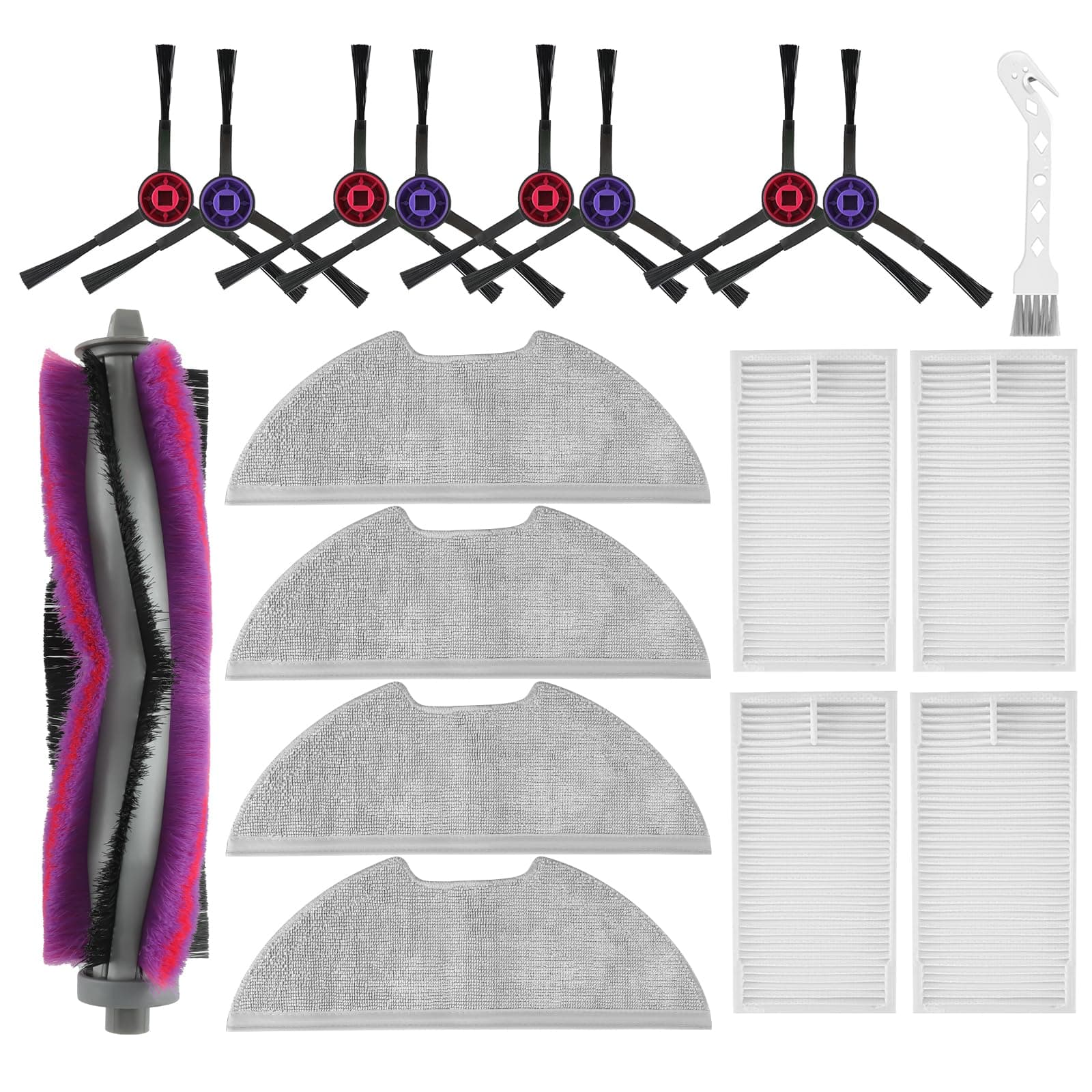 18 Pack E10s Accessories Kit Replacement Compatible with Eureka E10S / E20 Plus Robot Vacuum Cleaner, 1 Main Roller Brushes, 8 Side Brushes, 4 Hepa Filters, 4 Mop Pads,1 Cleaning Brush