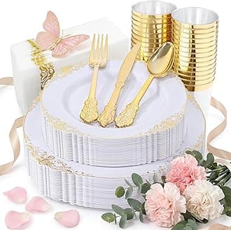 175PCS White and Gold Plastic Plates - Disposable Dinnerware Set Include 50 Gold Plates for Dinner and Dessert, 75 Cutlery, 25Cups 25Napkins for Wedding & Party & Mother's Day