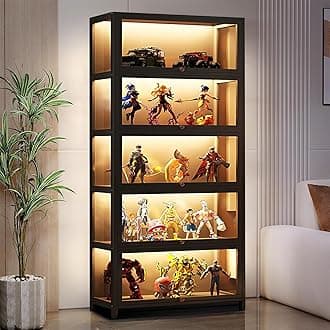 68" Display Cabinet with Acrylic Glass Doors, 5 Tier Bamboo Curio Cabinets & Display Case for Collectibles, Kids Bookcase for Home, Office, Playroom, Brown