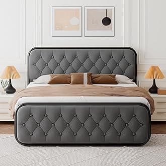 Feonase Queen Size Bed Frame, Heavy Duty Bed Frame with Buton Tufted Headboard, Upholstered Platform Bed with Strong Metal Slats, 12" Under-Bed Storage, Noise-Free, Easy Assembly, Grey
