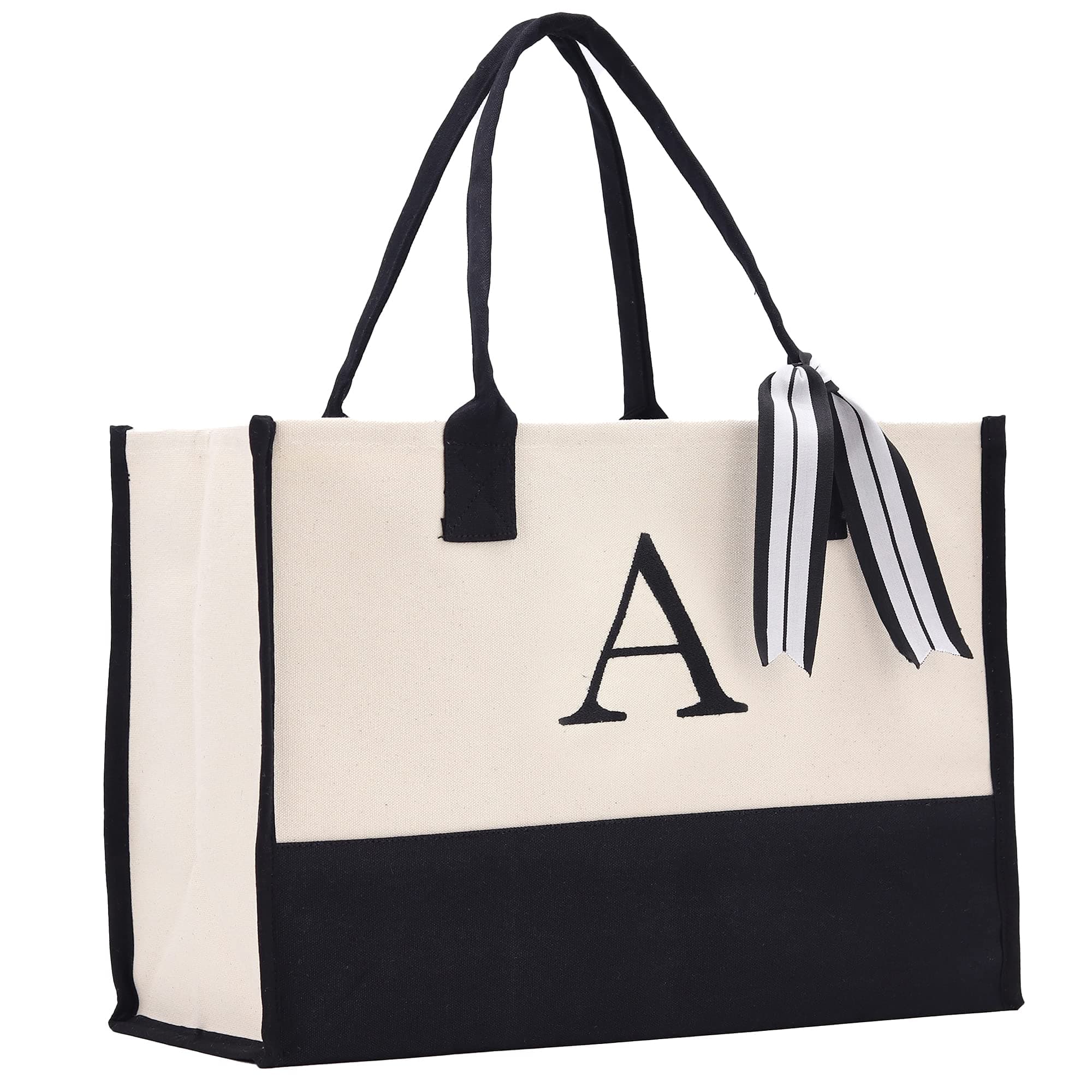 Personalized Gift Monogram Initial 100% Cotton Chic Tote Bag with Customize Option - Black