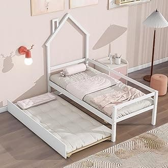 Dolonm Twin Size Bed with Trundle, Corner Bed with House-Shaped Headboard and Fence Guardrails, Wooden Platform Bed Frame, Twin Size Daybed, White