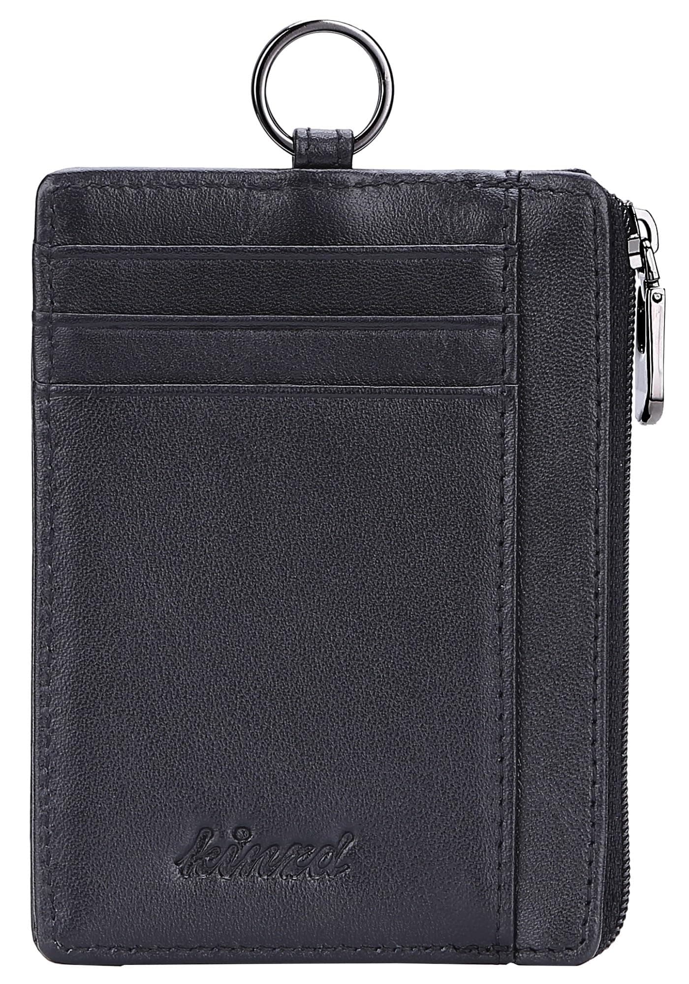 kinzd Slim Minimalist Zipper Credit Card Holder Leather Front Pocket Wallet with Keychain Ring Lanyard Strap | Slim, Minimalist, Zipper, Front Pocket, with Keychain Ring, Lanyard Strap