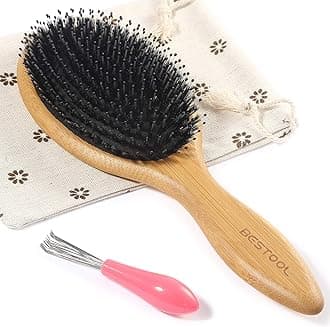 BESTOOL Hair Brush-Boar Bristle Hair Brushes Natural Bamboo Wooden Cushion Massage Anti Static Large Paddle Hairbrush for Women Men and Kid (Round)