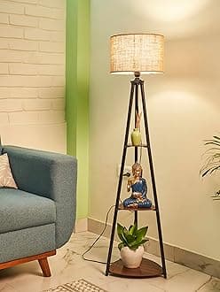 Crosscut Furniture LED Tripod Floor Lamp with 3 Shelves, Brown Jute, Metal Corner Floor Lamp, for Decoration and Gifting