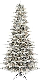 9 ft Pre-lit Slim Flocked Aspen Fir Tree, 1451 PE/PVC Tips, 700 UL Clear Incandescent Lights, On/Off Foot Pedal