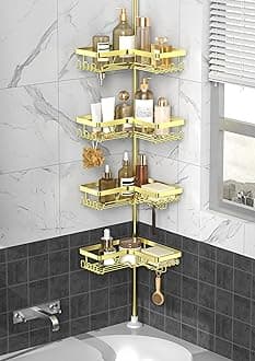 KEGII Corner Gold Shower Caddy Tension Pole - 4-Tier Rustproof Shower Rod Organizer, Floor to Ceiling Tension Rod 25-114.2 inch, Stainless Steel Corner Shower Shelf, Waterproof