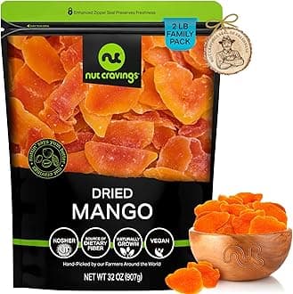 NUT CRAVINGS - Dried Mango Slices, Lightly Sweetened (32oz, 2 LB) Sweet Healthy Snack, Vegan, Kosher, Resealable Bag