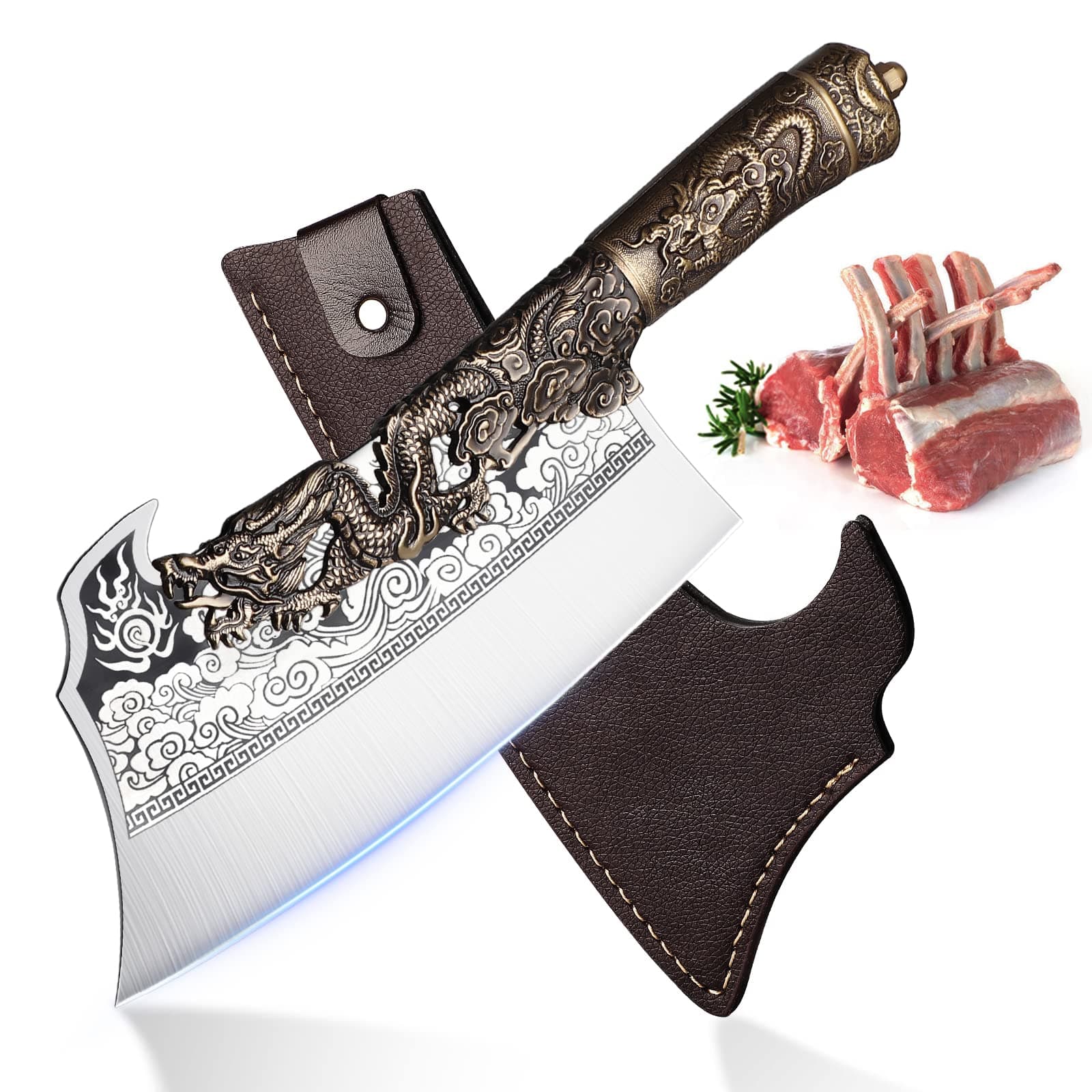 ROCOCO 2lb Dragon Butcher Knife Heavey Duty Cleaver Knife for Meat Bone Cutting 9.5" Cool Big Viking Camping Chopper Cutter with Sheath Birthday Father Mother Christmas Gift Idea Men