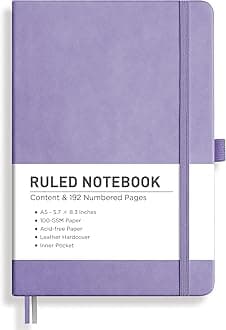 Lined Journal Notebook, 192 Numbered Pages, A5 Medium Size (5.7'' x 8.3''), for Men & Women, Journaling, Writing, Work & Office, Leather Hardcover, 100 GSM Thick Paper (Purple)