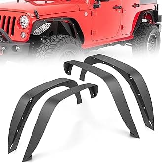 for JK 4-Piece Flat Style Front and Rear Fender Flares Kit Compatible with 2007-2018 Jeep Wrangler JK JKU Unlimited (2/4 Doors) Off-Road Heavy Duty Steel Wheel Fenders Combo, Textured Black