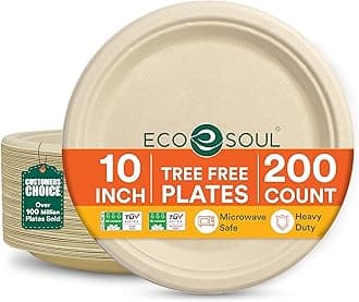 Compostable Paper Plates 10 Inch, 200 Pack – Heavy Duty Disposable Paper Plates, Biodegradable Sugarcane Bagasse, Durable & Microwave Safe, Unbleached Round Dinner Plates for Party, Picnic