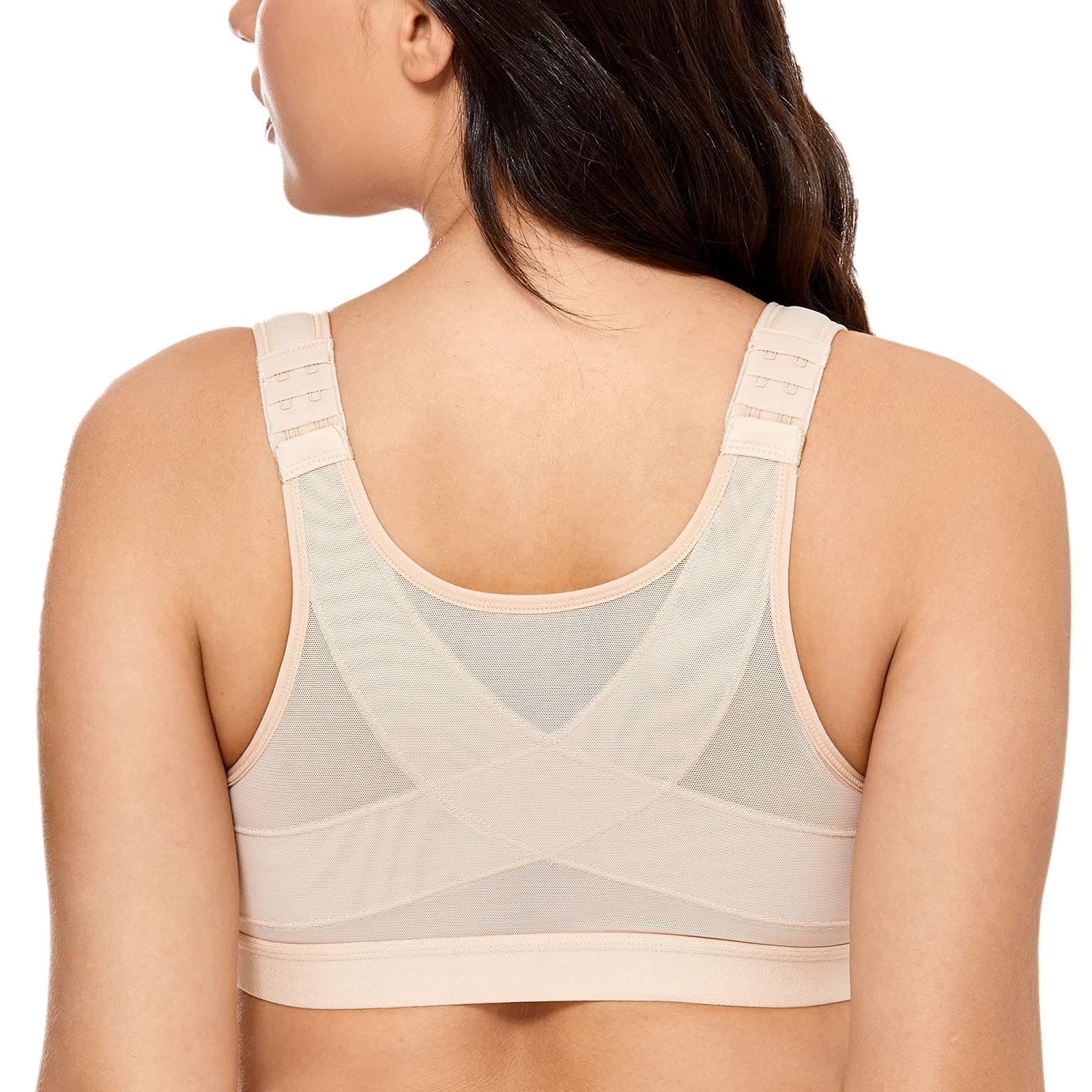 Women's Front Closure Posture Wireless Back Support Full Coverage Bra Taupe