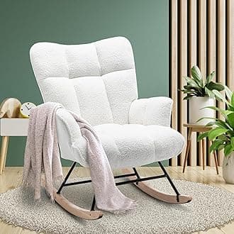 SAETSFEG Rocking Chair Nursery Teddy Upholstered Glider Rocker Rocking Accent Chair Padded Seat with High Backrest Armchair Comfy Side Chair for Living Room Bedroom Offices (White Teddy)