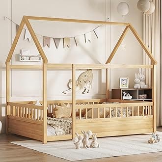 Full Size House Bed with High Fence for Kids,Full Floor Bed Frame, Kids Montessori Bed Full Size,Solid Wood House Bed Frame for Boys,Girls,Natural
